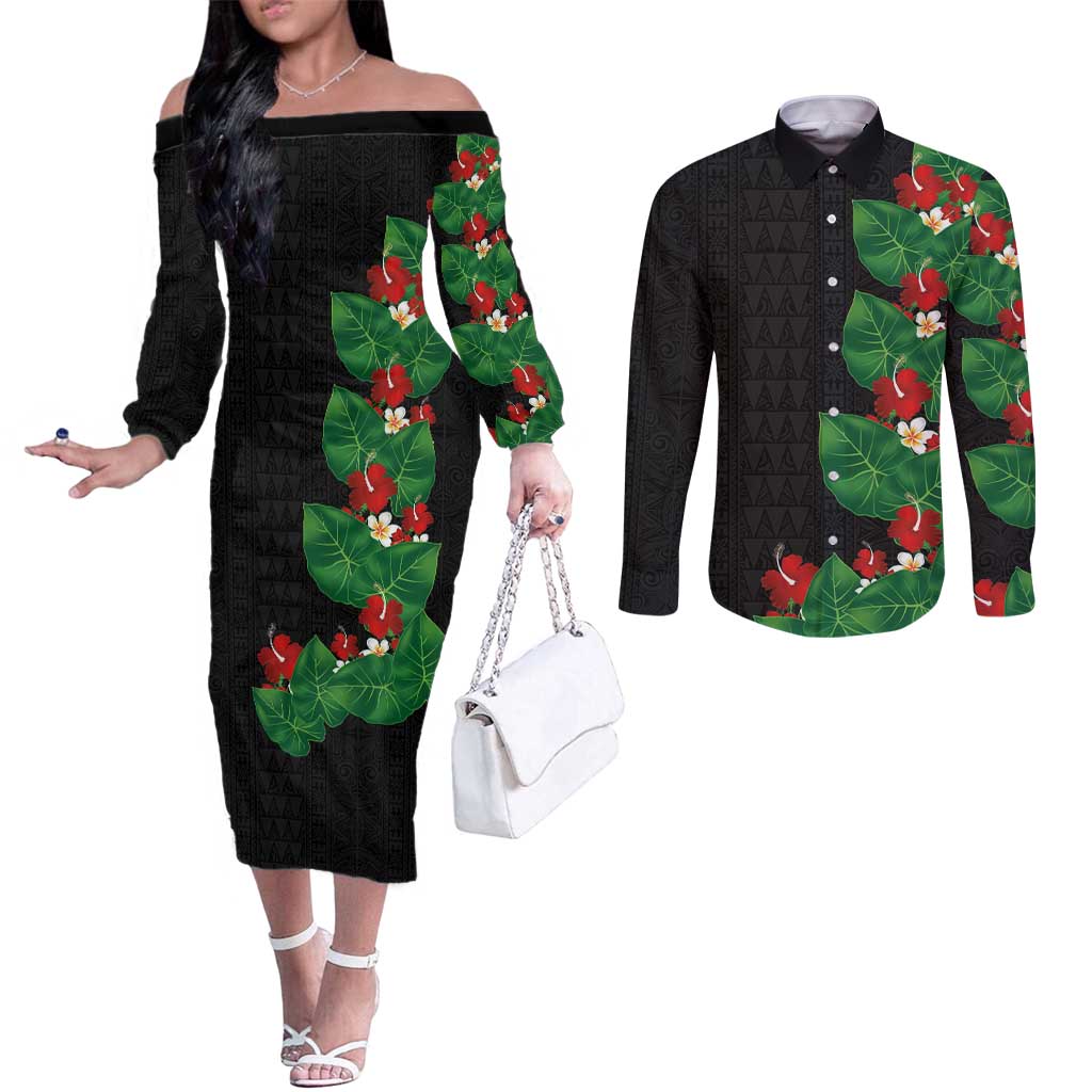Hawaiian Taro Leaves-Hibiscus and Plumeria Couples Matching Off The Shoulder Long Sleeve Dress and Long Sleeve Button Shirt Polynesian Art-Kakau Tattoo Black