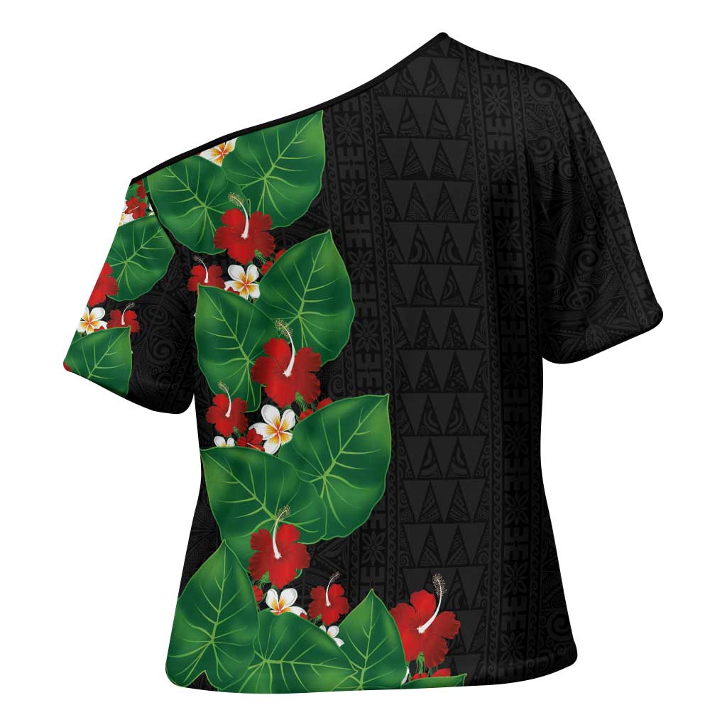 Hawaiian Taro Leaves-Hibiscus and Plumeria Cross Shoulder Shirt Polynesian Art-Kakau Tattoo Black LT03 - Polynesian Pride
