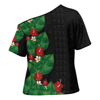 Hawaiian Taro Leaves-Hibiscus and Plumeria Cross Shoulder Shirt Polynesian Art-Kakau Tattoo Black LT03 - Polynesian Pride