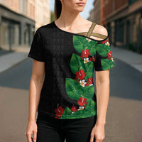 Hawaiian Taro Leaves-Hibiscus and Plumeria Cross Shoulder Shirt Polynesian Art-Kakau Tattoo Black LT03 - Polynesian Pride