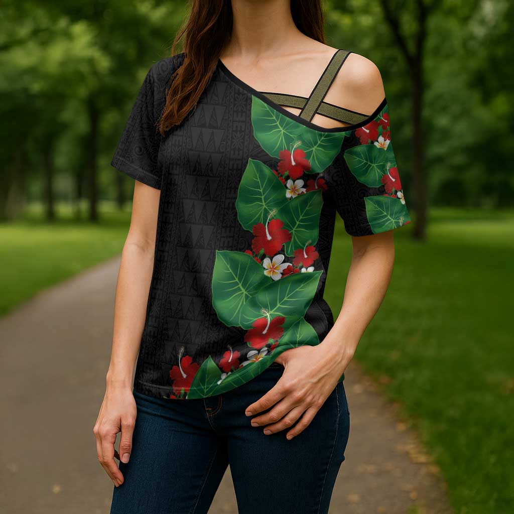 Hawaiian Taro Leaves-Hibiscus and Plumeria Cross Shoulder Shirt Polynesian Art-Kakau Tattoo Black LT03 - Polynesian Pride