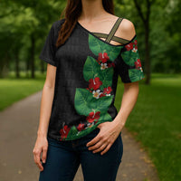 Hawaiian Taro Leaves-Hibiscus and Plumeria Cross Shoulder Shirt Polynesian Art-Kakau Tattoo Black LT03 - Polynesian Pride