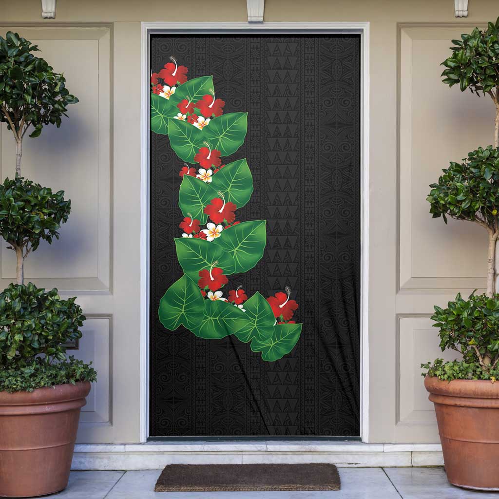 Hawaiian Taro Leaves-Hibiscus and Plumeria Door Cover Polynesian Art-Kakau Tattoo Black LT03 Black - Polynesian Pride