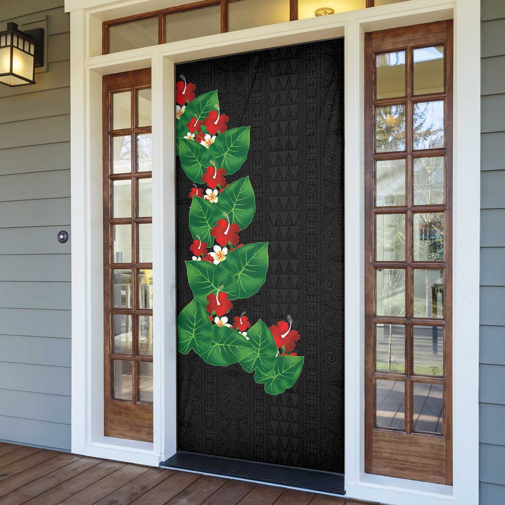 Hawaiian Taro Leaves-Hibiscus and Plumeria Door Cover Polynesian Art-Kakau Tattoo Black LT03 - Polynesian Pride
