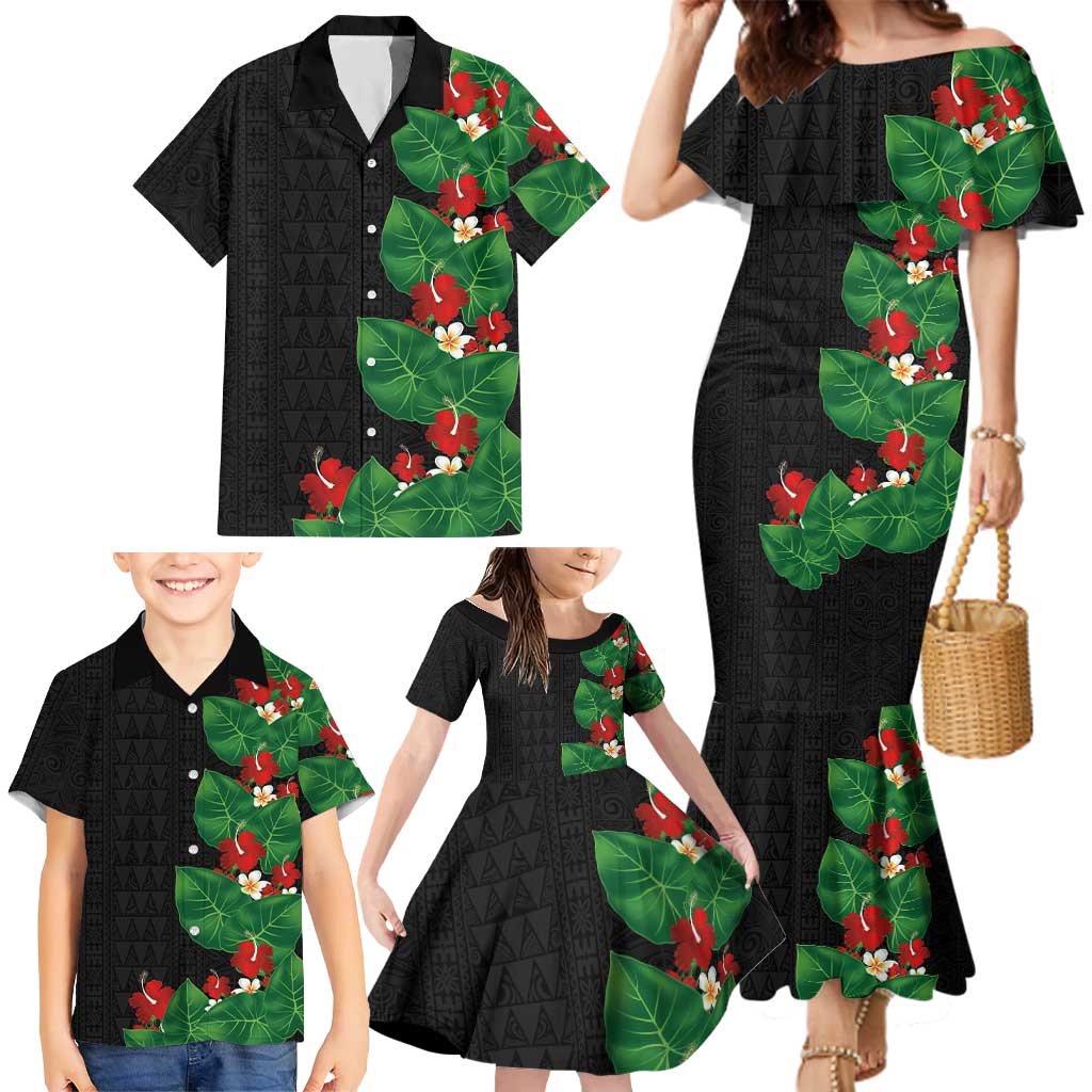 Hawaiian Taro Leaves-Hibiscus and Plumeria Family Matching Mermaid Dress and Hawaiian Shirt Polynesian Art-Kakau Tattoo Black LT03 - Polynesian Pride