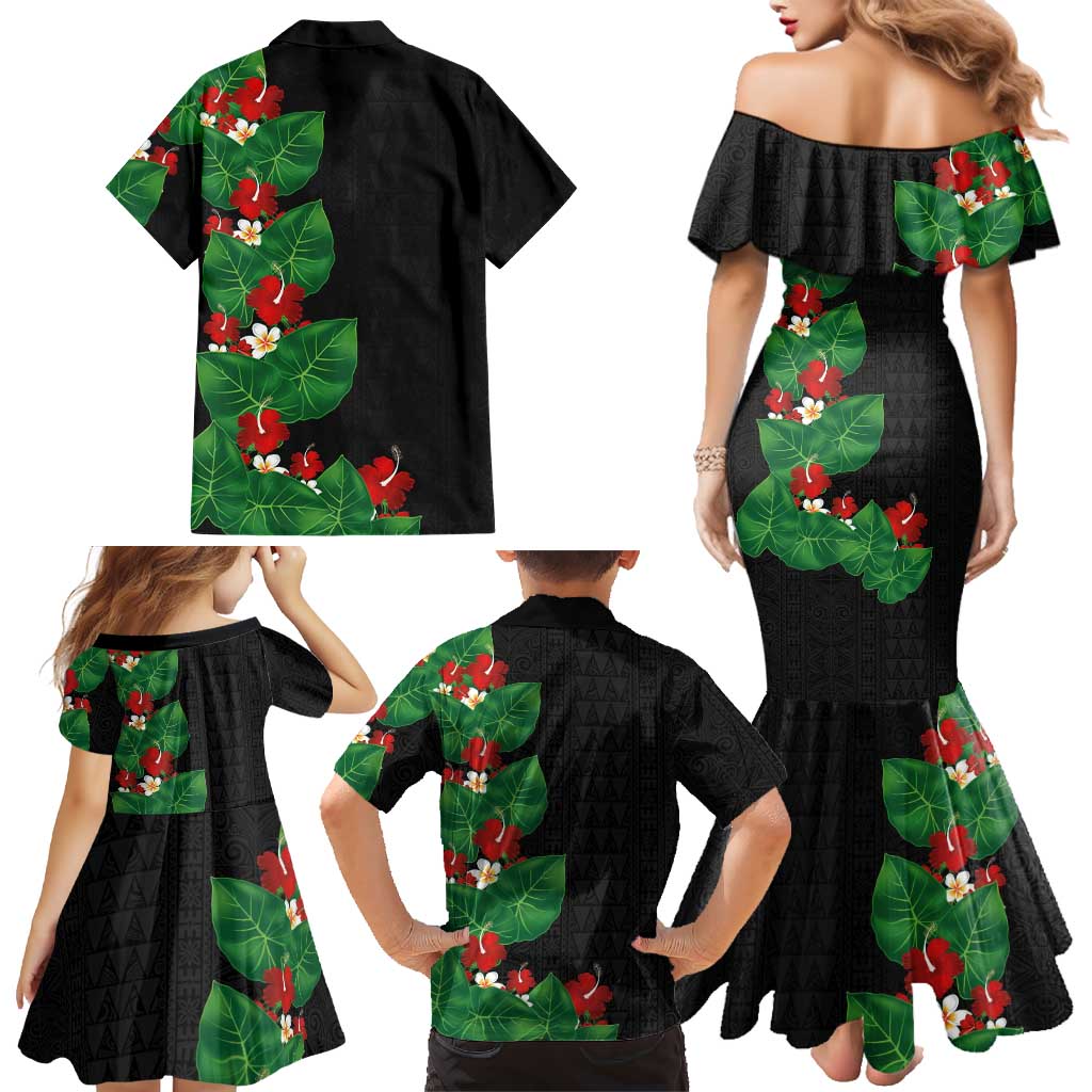 Hawaiian Taro Leaves-Hibiscus and Plumeria Family Matching Mermaid Dress and Hawaiian Shirt Polynesian Art-Kakau Tattoo Black LT03 - Polynesian Pride