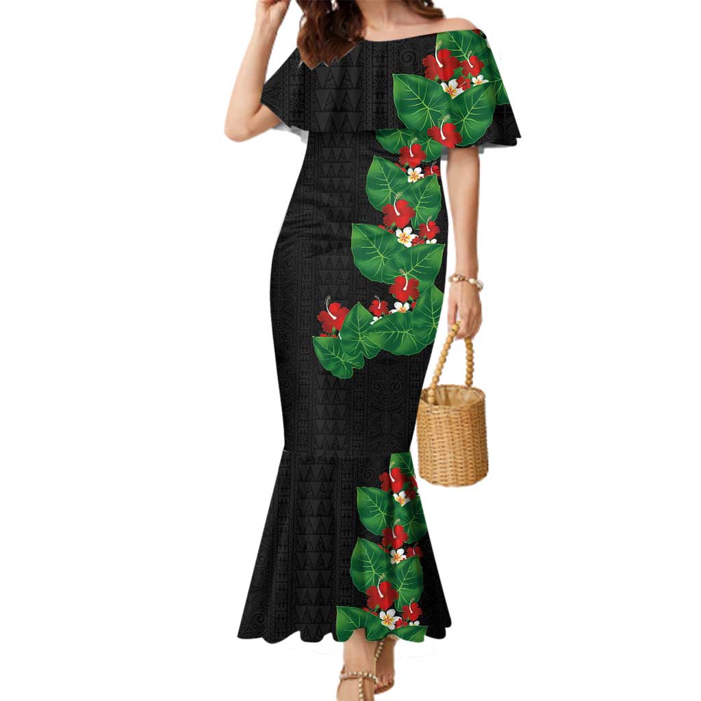 Hawaiian Taro Leaves-Hibiscus and Plumeria Family Matching Mermaid Dress and Hawaiian Shirt Polynesian Art-Kakau Tattoo Black LT03 Mom's Dress Black - Polynesian Pride