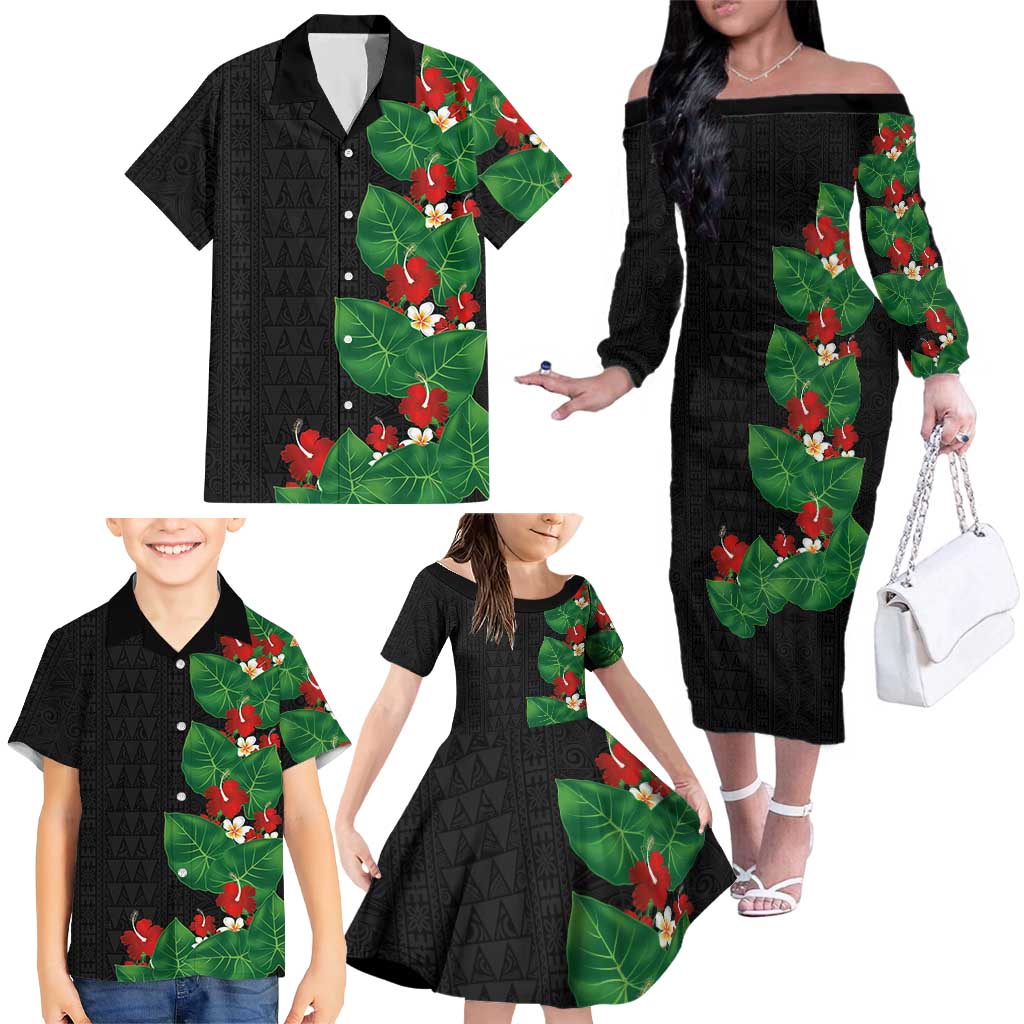 Hawaiian Taro Leaves-Hibiscus and Plumeria Family Matching Off The Shoulder Long Sleeve Dress and Hawaiian Shirt Polynesian Art-Kakau Tattoo Black LT03 - Polynesian Pride
