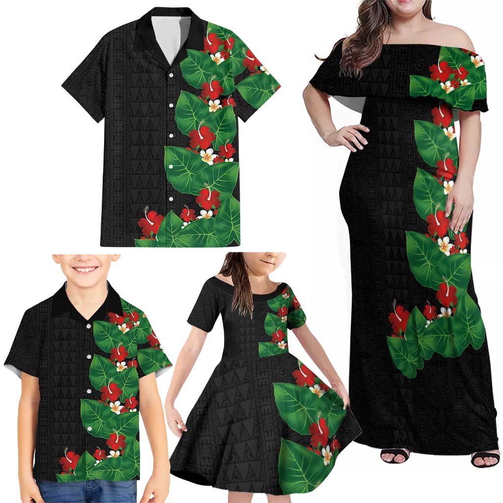 Hawaiian Taro Leaves-Hibiscus and Plumeria Family Matching Off Shoulder Maxi Dress and Hawaiian Shirt Polynesian Art-Kakau Tattoo Black