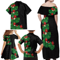 Hawaiian Taro Leaves-Hibiscus and Plumeria Family Matching Off Shoulder Maxi Dress and Hawaiian Shirt Polynesian Art-Kakau Tattoo Black LT03 - Polynesian Pride