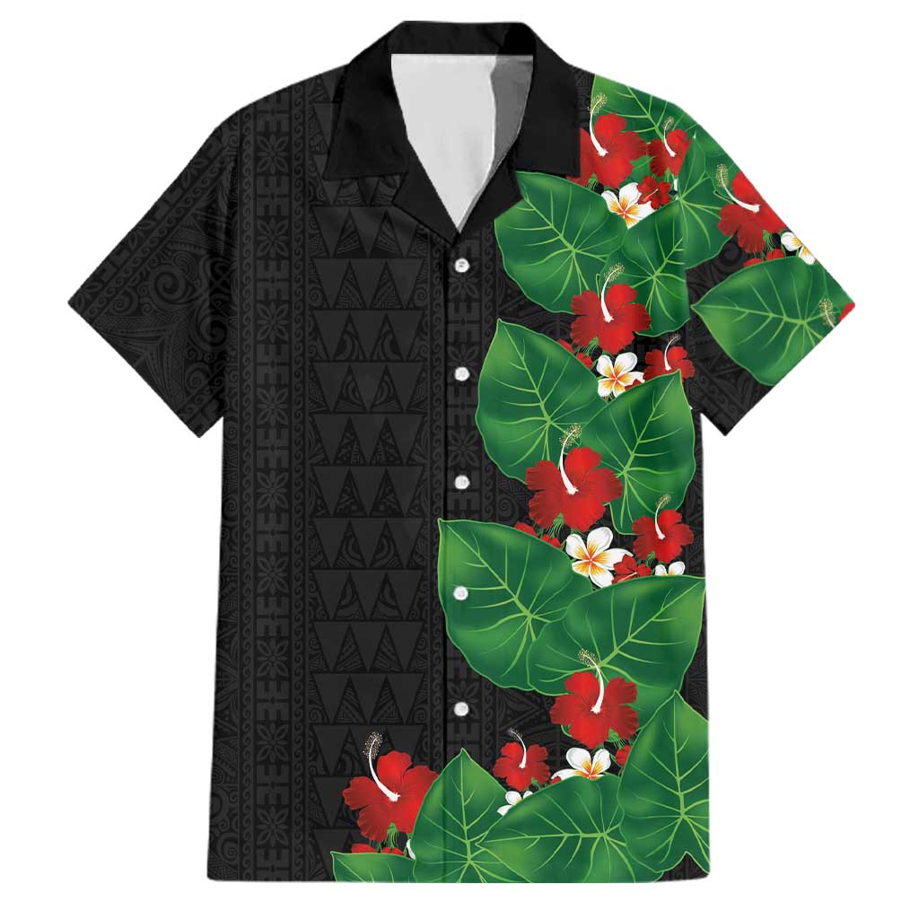Hawaiian Taro Leaves-Hibiscus and Plumeria Family Matching Off Shoulder Maxi Dress and Hawaiian Shirt Polynesian Art-Kakau Tattoo Black LT03 Dad's Shirt - Short Sleeve Black - Polynesian Pride