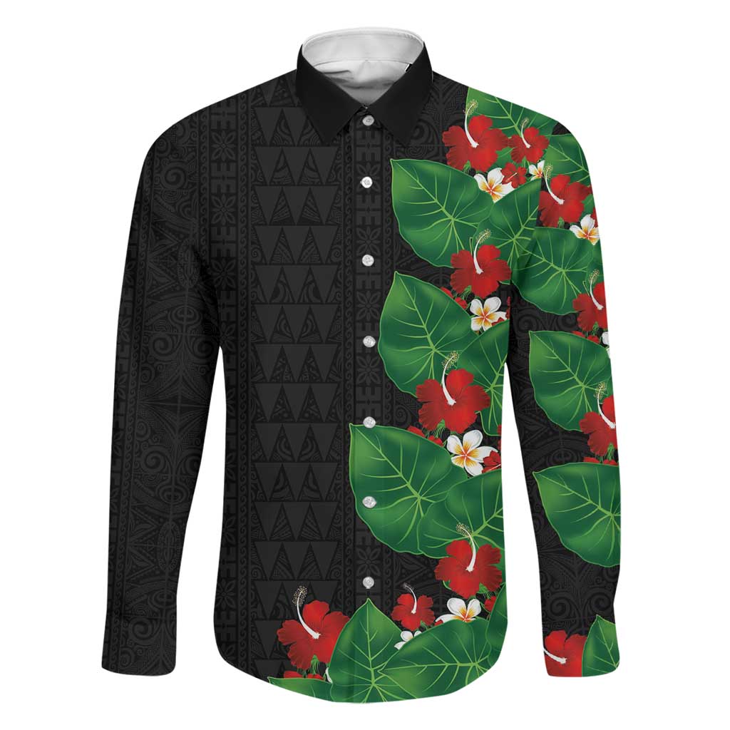Hawaiian Taro Leaves-Hibiscus and Plumeria Family Matching Off Shoulder Maxi Dress and Hawaiian Shirt Polynesian Art-Kakau Tattoo Black LT03 Dad's Shirt - Long Sleeve Black - Polynesian Pride