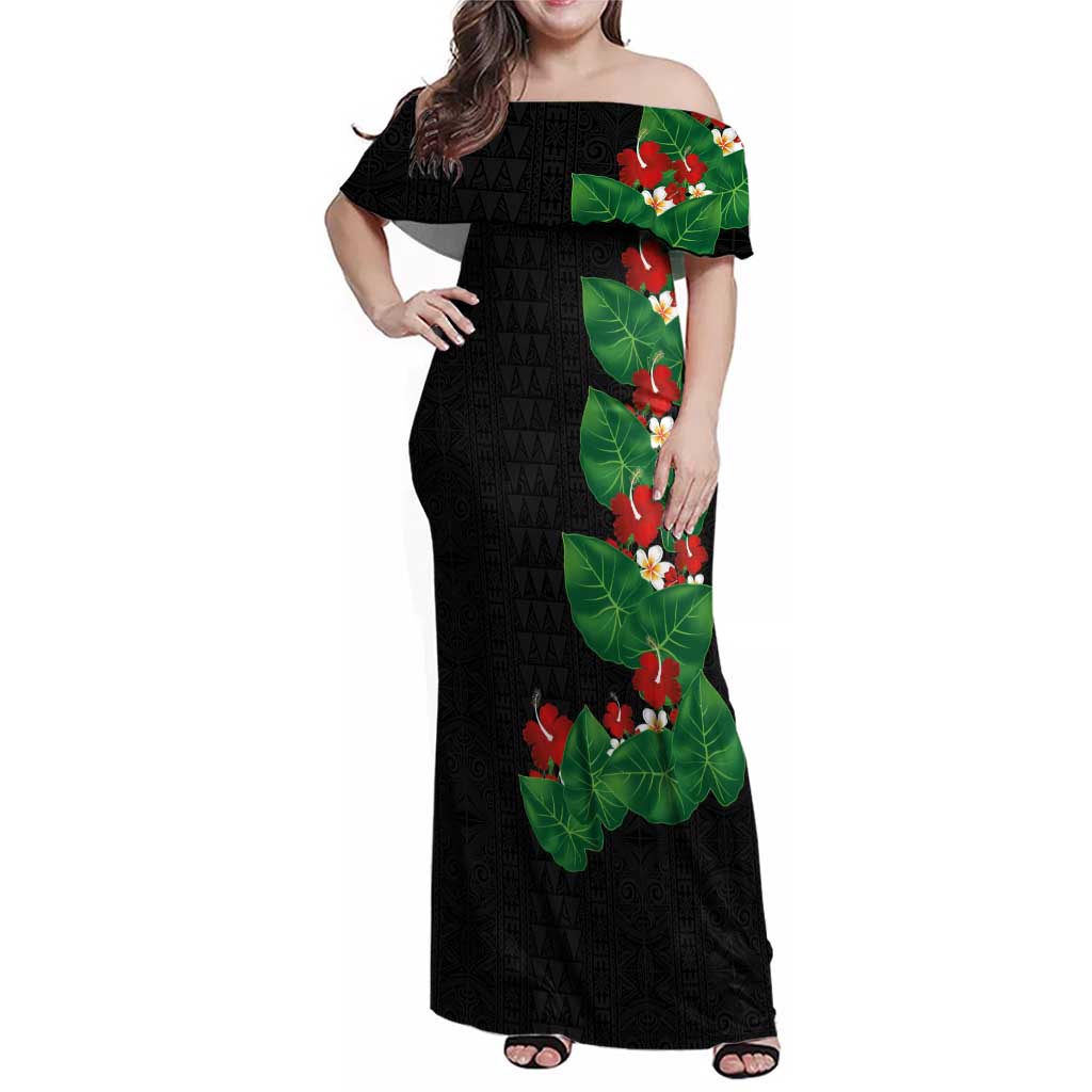 Hawaiian Taro Leaves-Hibiscus and Plumeria Family Matching Off Shoulder Maxi Dress and Hawaiian Shirt Polynesian Art-Kakau Tattoo Black LT03 Mom's Dress Black - Polynesian Pride