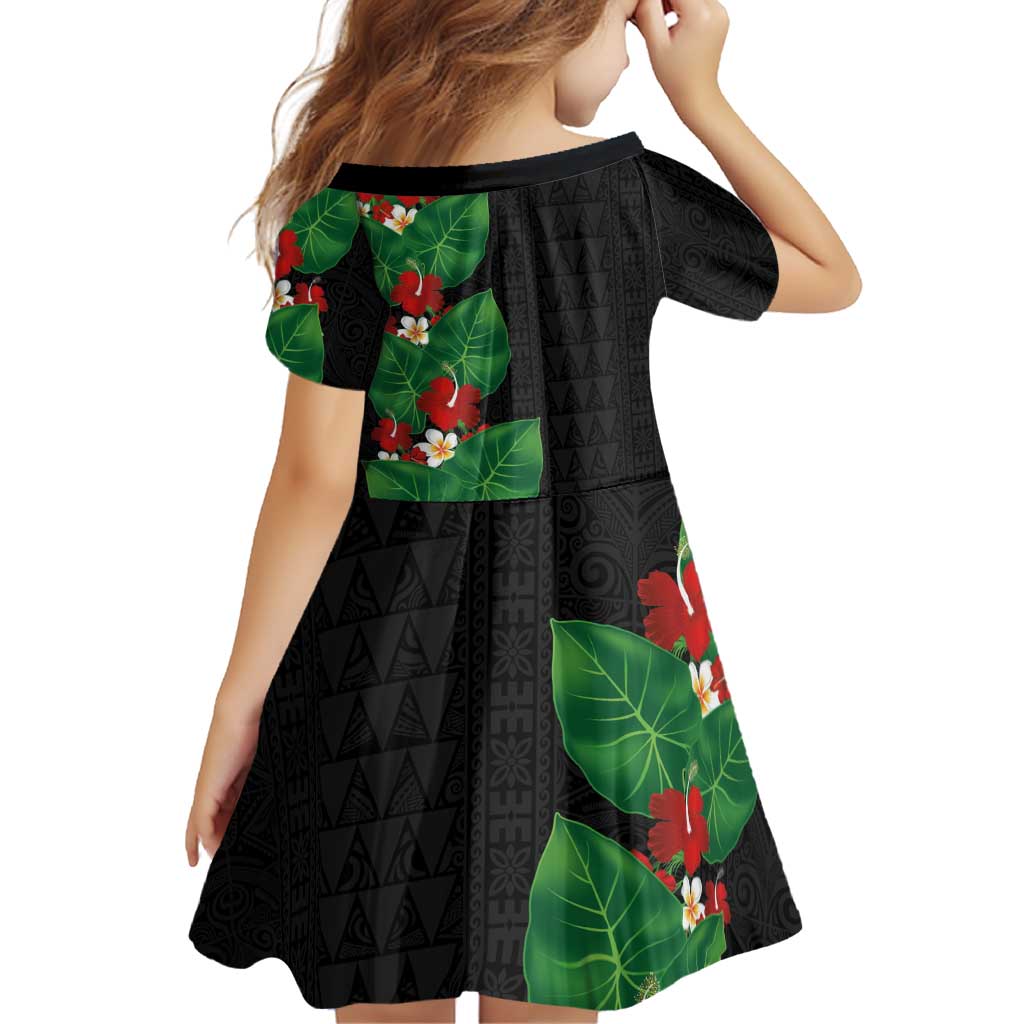 Hawaiian Taro Leaves-Hibiscus and Plumeria Family Matching Off Shoulder Short Dress and Hawaiian Shirt Polynesian Art-Kakau Tattoo Black LT03 - Polynesian Pride