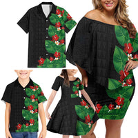 Hawaiian Taro Leaves-Hibiscus and Plumeria Family Matching Off Shoulder Short Dress and Hawaiian Shirt Polynesian Art-Kakau Tattoo Black LT03 - Polynesian Pride