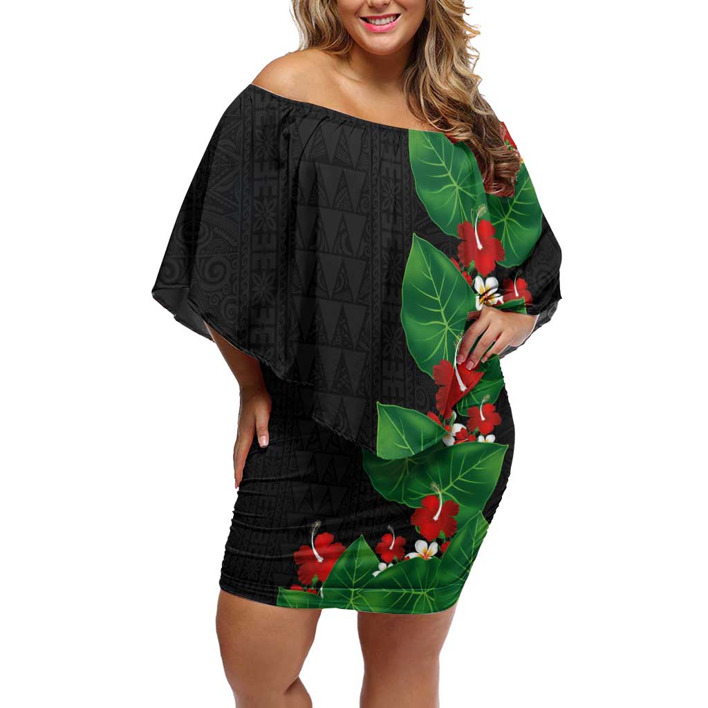 Hawaiian Taro Leaves-Hibiscus and Plumeria Family Matching Off Shoulder Short Dress and Hawaiian Shirt Polynesian Art-Kakau Tattoo Black LT03 Mom's Dress Black - Polynesian Pride