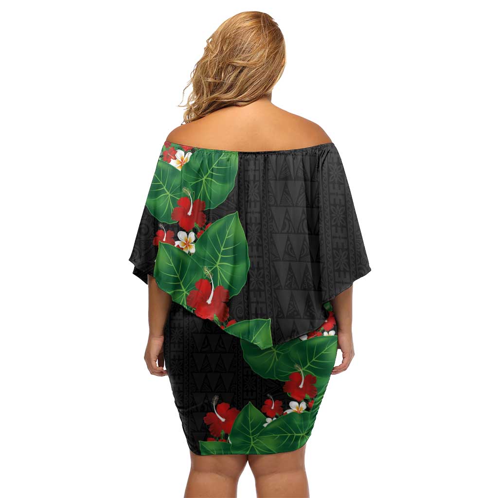 Hawaiian Taro Leaves-Hibiscus and Plumeria Family Matching Off Shoulder Short Dress and Hawaiian Shirt Polynesian Art-Kakau Tattoo Black LT03 - Polynesian Pride