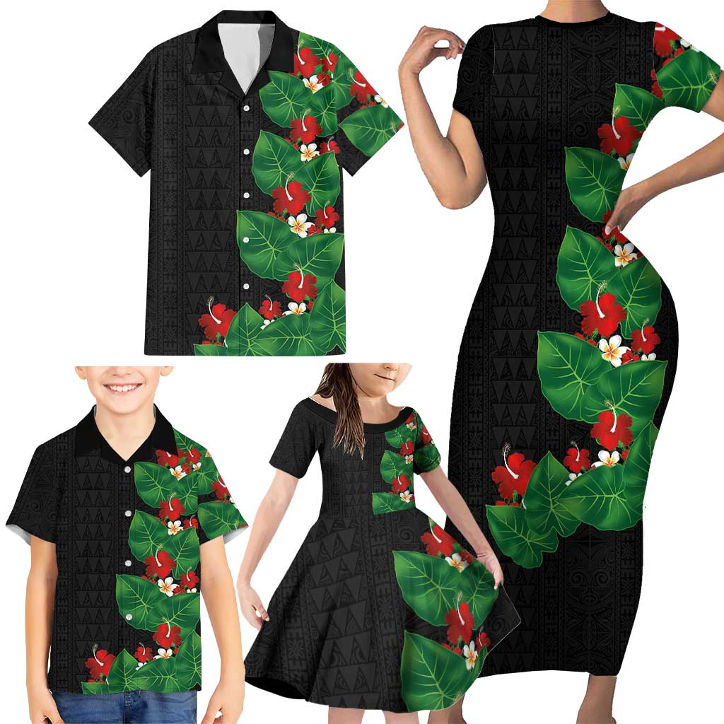 Hawaiian Taro Leaves-Hibiscus and Plumeria Family Matching Short Sleeve Bodycon Dress and Hawaiian Shirt Polynesian Art-Kakau Tattoo Black LT03 - Polynesian Pride