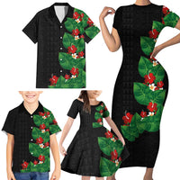 Hawaiian Taro Leaves-Hibiscus and Plumeria Family Matching Short Sleeve Bodycon Dress and Hawaiian Shirt Polynesian Art-Kakau Tattoo Black LT03 - Polynesian Pride