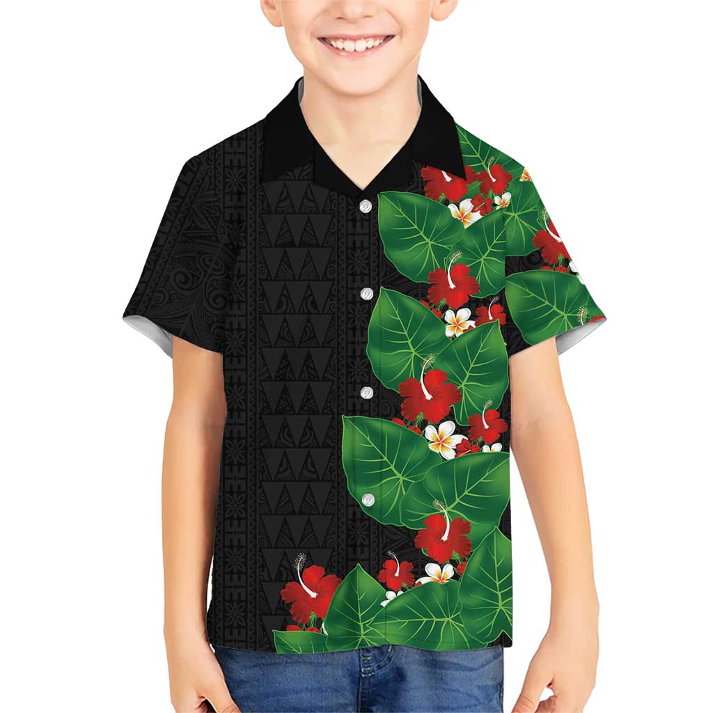 Hawaiian Taro Leaves-Hibiscus and Plumeria Family Matching Short Sleeve Bodycon Dress and Hawaiian Shirt Polynesian Art-Kakau Tattoo Black LT03 Son's Shirt Black - Polynesian Pride