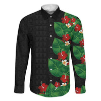 Hawaiian Taro Leaves-Hibiscus and Plumeria Family Matching Tank Maxi Dress and Hawaiian Shirt Polynesian Art-Kakau Tattoo Black LT03 Dad's Shirt - Long Sleeve Black - Polynesian Pride