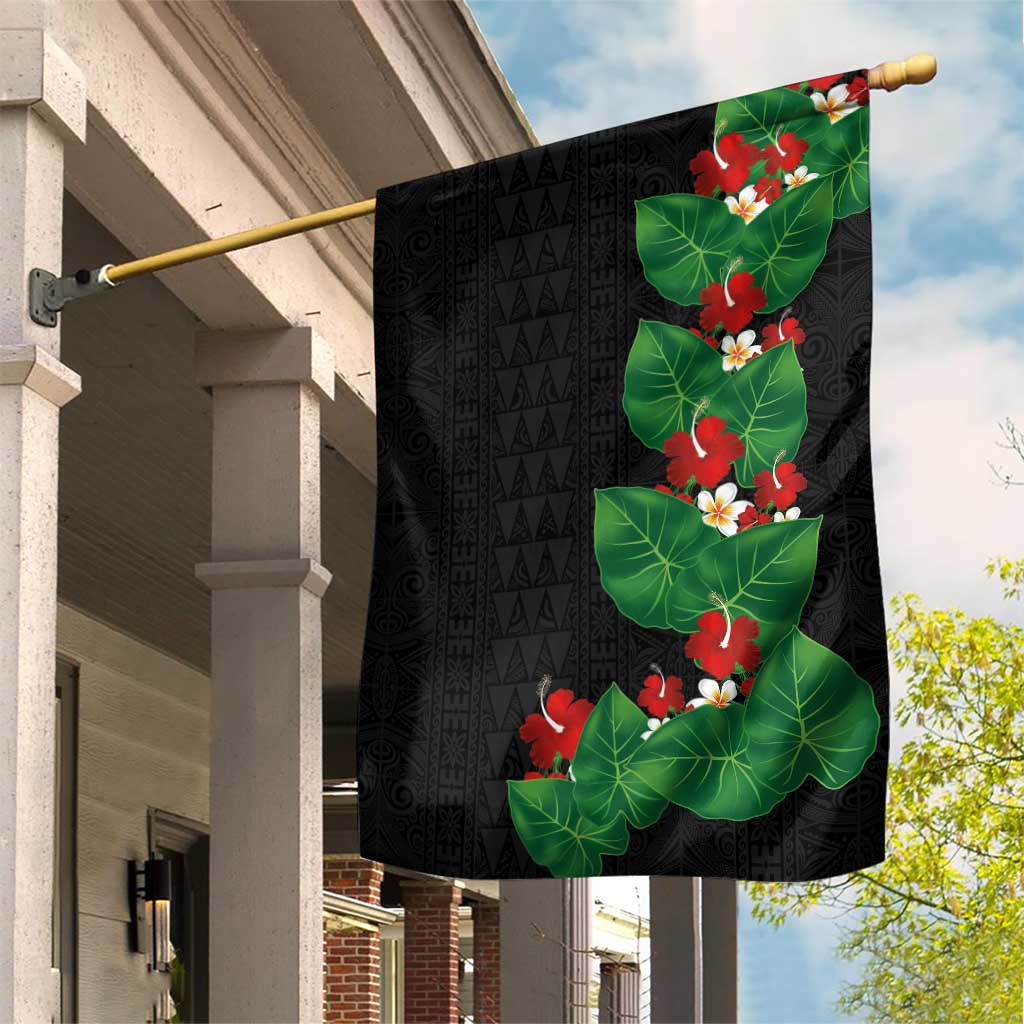 Hawaiian Taro Leaves-Hibiscus and Plumeria Garden Flag Polynesian Art-Kakau Tattoo Black LT03 House Flag Black - Polynesian Pride
