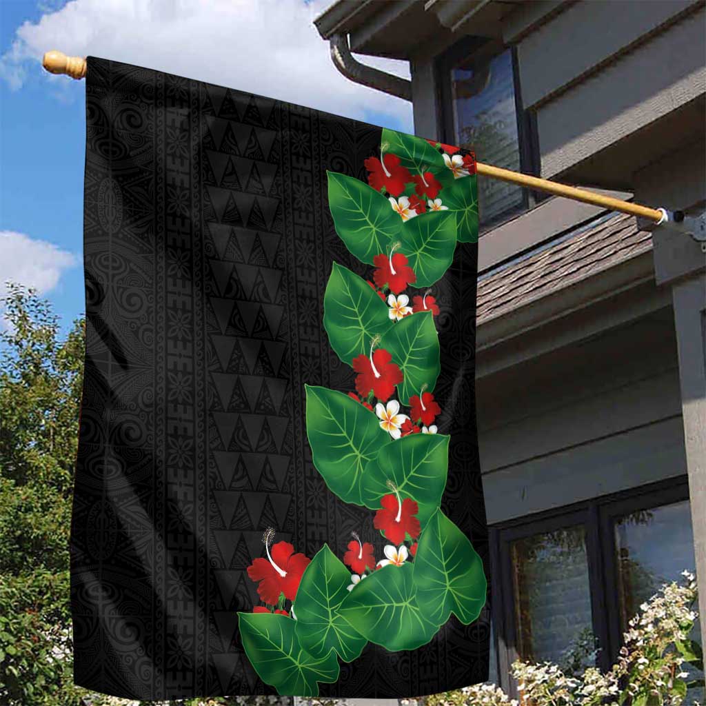 Hawaiian Taro Leaves-Hibiscus and Plumeria Garden Flag Polynesian Art-Kakau Tattoo Black LT03 - Polynesian Pride