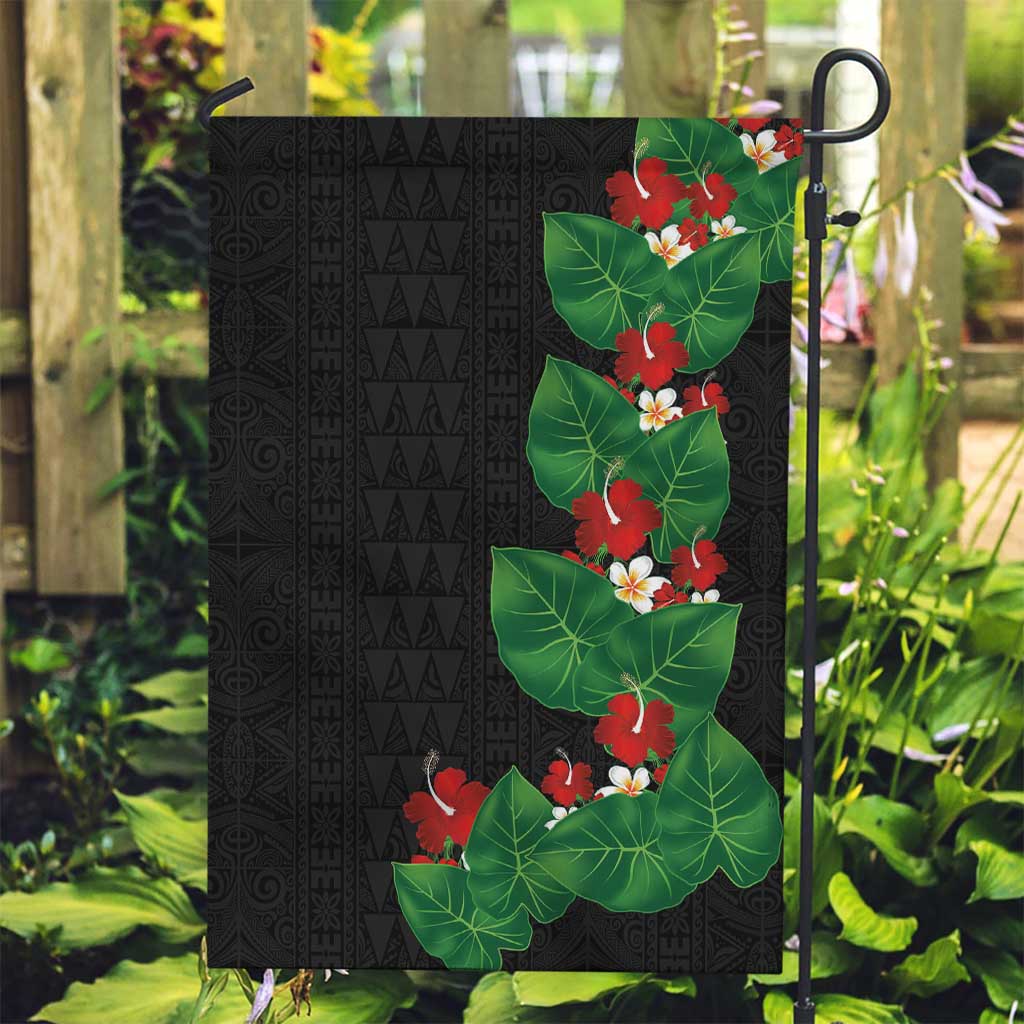 Hawaiian Taro Leaves-Hibiscus and Plumeria Garden Flag Polynesian Art-Kakau Tattoo Black LT03 Garden Flag Black - Polynesian Pride