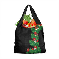 Hawaiian Taro Leaves-Hibiscus and Plumeria Grocery Bag Polynesian Art-Kakau Tattoo Black