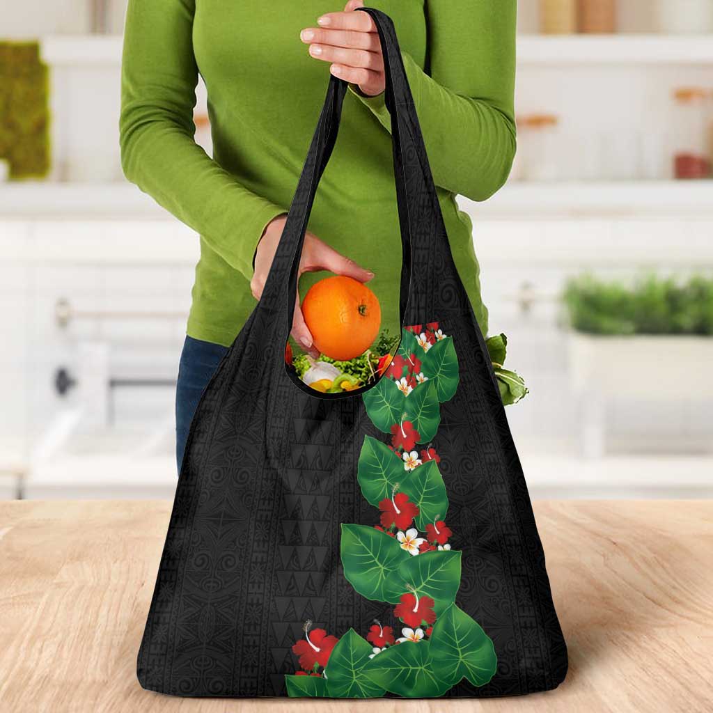 Hawaiian Taro Leaves-Hibiscus and Plumeria Grocery Bag Polynesian Art-Kakau Tattoo Black