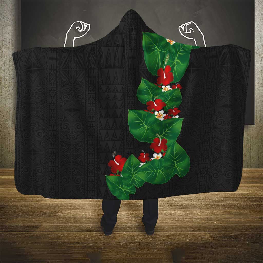 Hawaiian Taro Leaves-Hibiscus and Plumeria Hooded Blanket Polynesian Art-Kakau Tattoo Black LT03 - Polynesian Pride