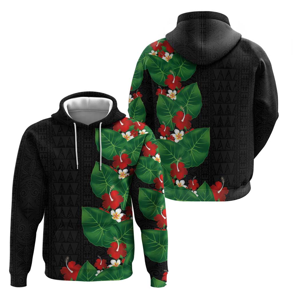 Hawaiian Taro Leaves-Hibiscus and Plumeria Hoodie Polynesian Art-Kakau Tattoo Black LT03 - Polynesian Pride