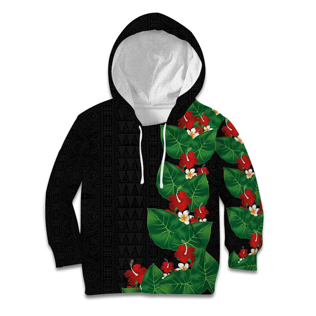 Hawaiian Taro Leaves-Hibiscus and Plumeria Kid Hoodie Polynesian Art-Kakau Tattoo Black LT03 Hoodie Black - Polynesian Pride