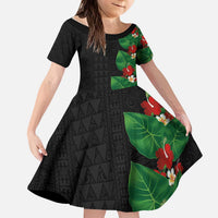 Hawaiian Taro Leaves-Hibiscus and Plumeria Kid Short Sleeve Dress Polynesian Art-Kakau Tattoo Black LT03 KID Black - Polynesian Pride