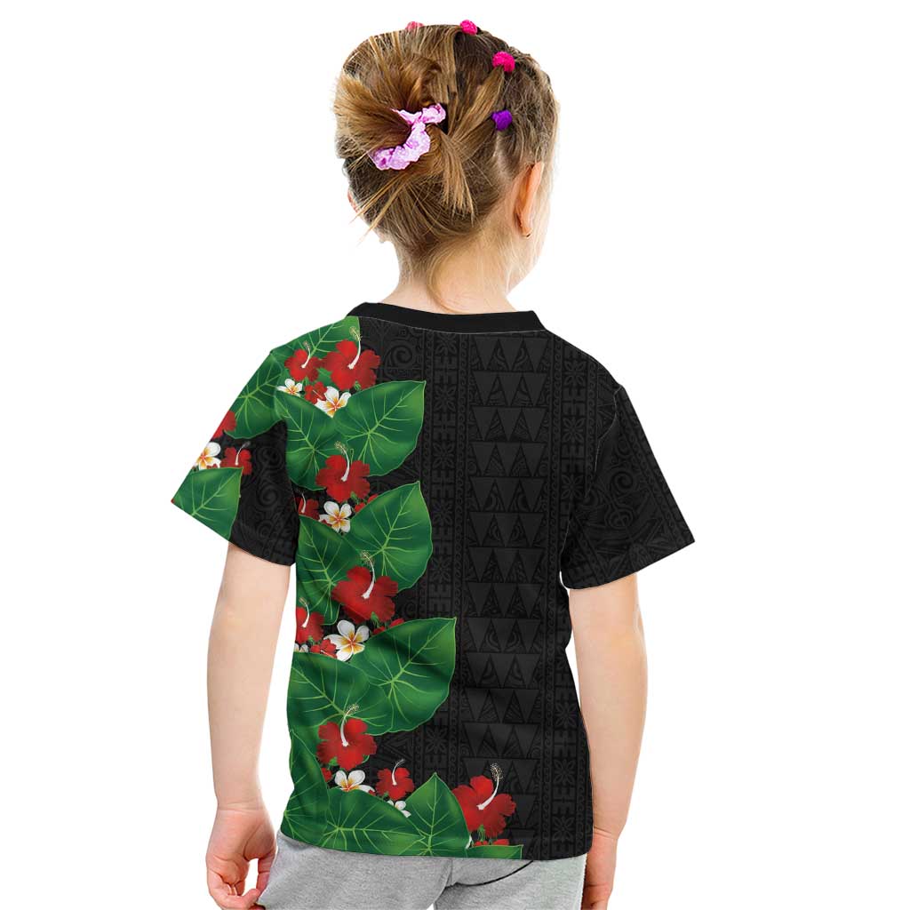 Hawaiian Taro Leaves-Hibiscus and Plumeria Kid T Shirt Polynesian Art-Kakau Tattoo Black LT03 - Polynesian Pride