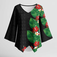Hawaiian Taro Leaves-Hibiscus and Plumeria Kimono Sleeve Blouse Polynesian Art-Kakau Tattoo Black LT03 Female Black - Polynesian Pride