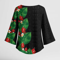 Hawaiian Taro Leaves-Hibiscus and Plumeria Kimono Sleeve Blouse Polynesian Art-Kakau Tattoo Black LT03 - Polynesian Pride