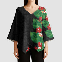 Hawaiian Taro Leaves-Hibiscus and Plumeria Kimono Sleeve Blouse Polynesian Art-Kakau Tattoo Black LT03 - Polynesian Pride
