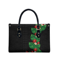 Hawaiian Taro Leaves-Hibiscus and Plumeria Leather Bag Polynesian Art-Kakau Tattoo Black