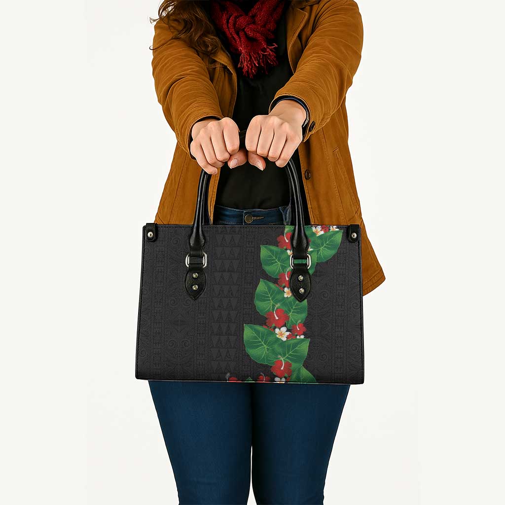 Hawaiian Taro Leaves-Hibiscus and Plumeria Leather Bag Polynesian Art-Kakau Tattoo Black
