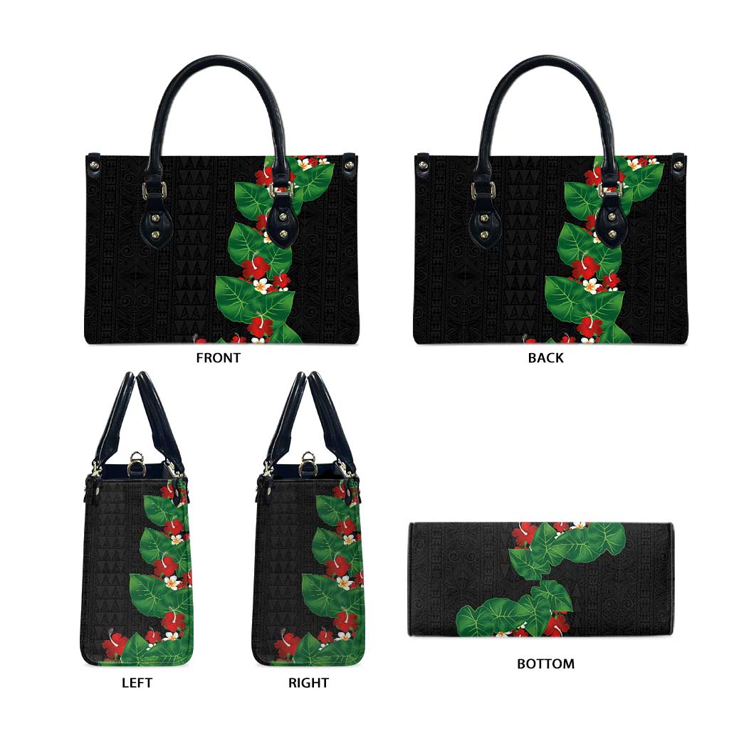 Hawaiian Taro Leaves-Hibiscus and Plumeria Leather Bag Polynesian Art-Kakau Tattoo Black
