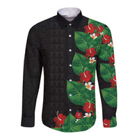 Hawaiian Taro Leaves-Hibiscus and Plumeria Long Sleeve Button Shirt Polynesian Art-Kakau Tattoo Black