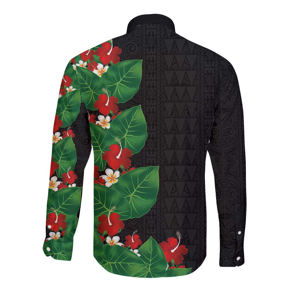 Hawaiian Taro Leaves-Hibiscus and Plumeria Long Sleeve Button Shirt Polynesian Art-Kakau Tattoo Black
