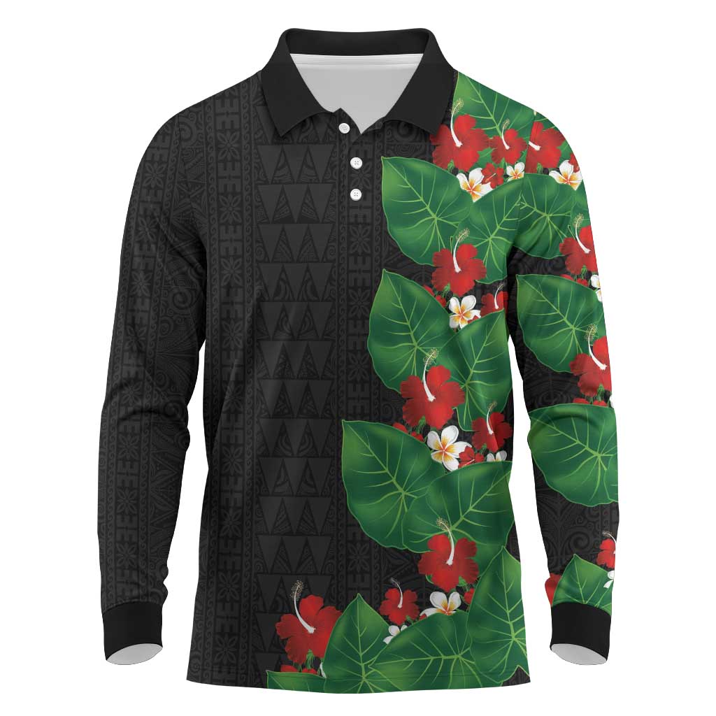 Hawaiian Taro Leaves-Hibiscus and Plumeria Long Sleeve Polo Shirt Polynesian Art-Kakau Tattoo Black LT03 Black - Polynesian Pride