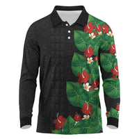 Hawaiian Taro Leaves-Hibiscus and Plumeria Long Sleeve Polo Shirt Polynesian Art-Kakau Tattoo Black LT03 Black - Polynesian Pride