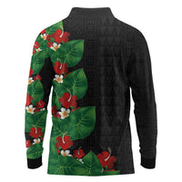 Hawaiian Taro Leaves-Hibiscus and Plumeria Long Sleeve Polo Shirt Polynesian Art-Kakau Tattoo Black LT03 - Polynesian Pride
