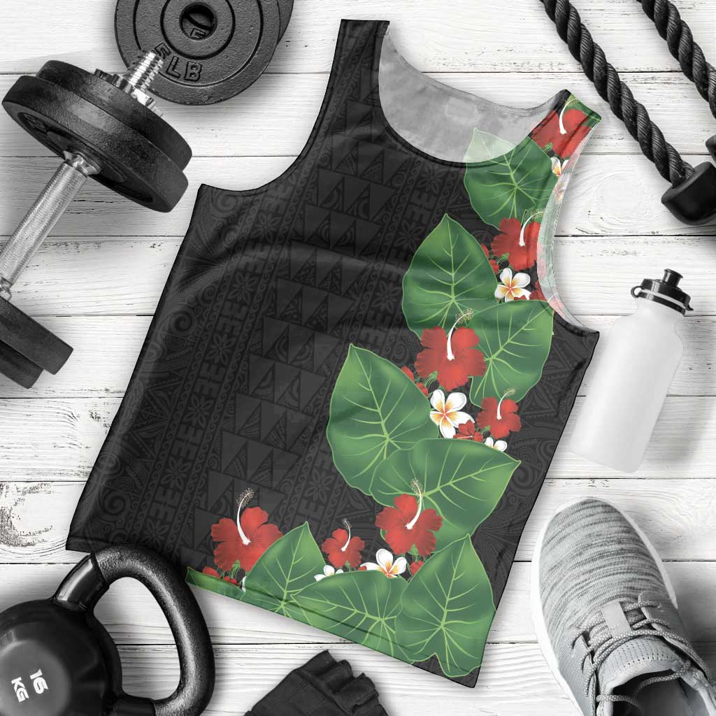 Hawaiian Taro Leaves-Hibiscus and Plumeria Men Tank Top Polynesian Art-Kakau Tattoo Black LT03 - Polynesian Pride