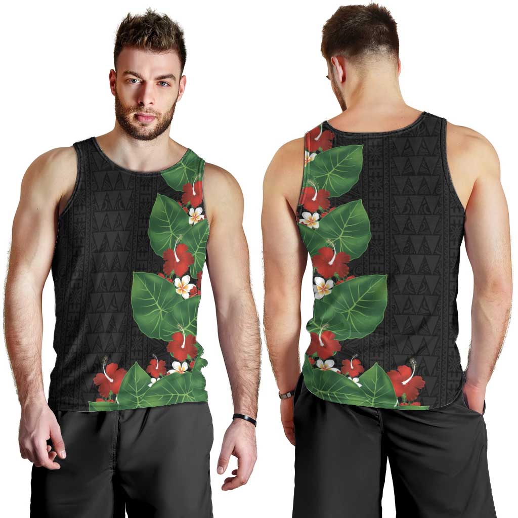 Hawaiian Taro Leaves-Hibiscus and Plumeria Men Tank Top Polynesian Art-Kakau Tattoo Black LT03 - Polynesian Pride
