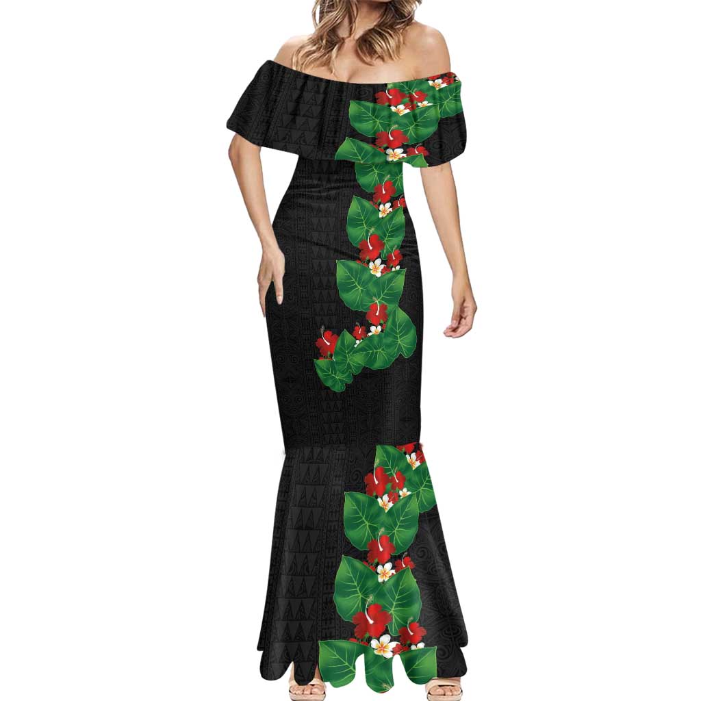Hawaiian Taro Leaves-Hibiscus and Plumeria Mermaid Dress Polynesian Art-Kakau Tattoo Black LT03 - Polynesian Pride