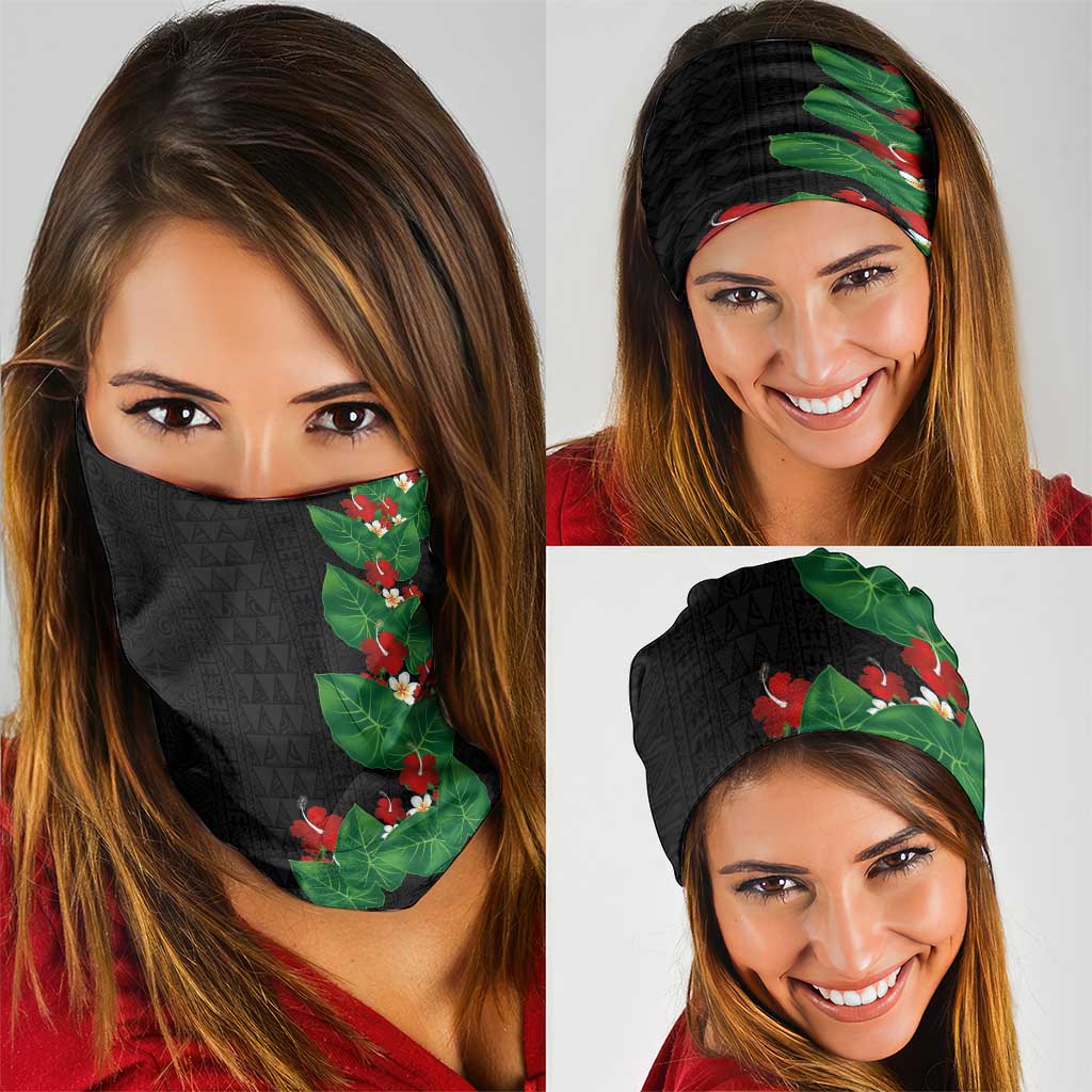 Hawaiian Taro Leaves-Hibiscus and Plumeria Neck Gaiter Polynesian Art-Kakau Tattoo Black